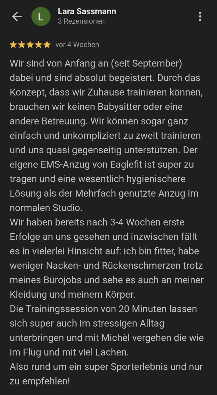 Google-Bewertung: Lara Sassmann Google-Bewertung von Lara Sassmann über das EMS-Training zuhause