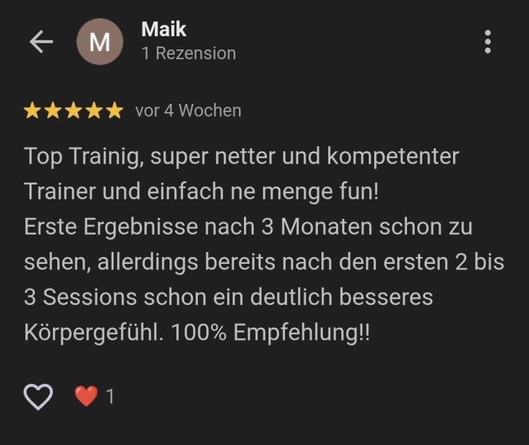Google-Bewertung: Maik Google-Bewertung von Maik über das persönlich begleitete Training bei HomeStrong-EMS