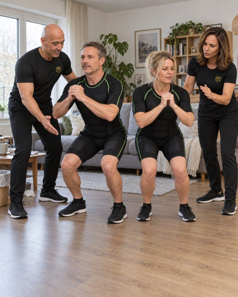 Persönlich begleitetes EMS-Paartraining zu Hause KI-Symbolbild: Michel und Monika begleiten ein Paar beim kabellosen EMS-Training im Wohnzimmer