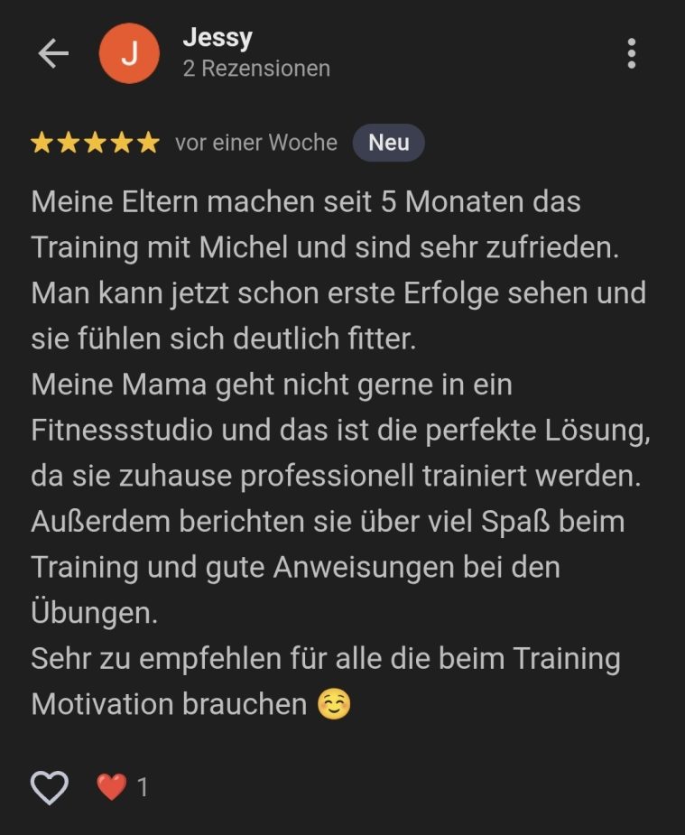 Google-Bewertung: Jessy Google-Bewertung von Jessy über das HomeStrong-EMS-Training ihrer Eltern